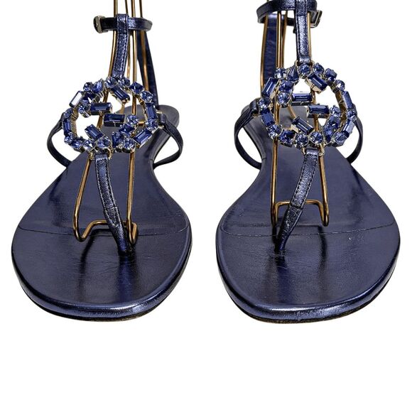 Gucci Crystal GG T-Strap Flat Sandals EU 37 US 7 Blue Metallic Interlocking G - Picture 3 of 9